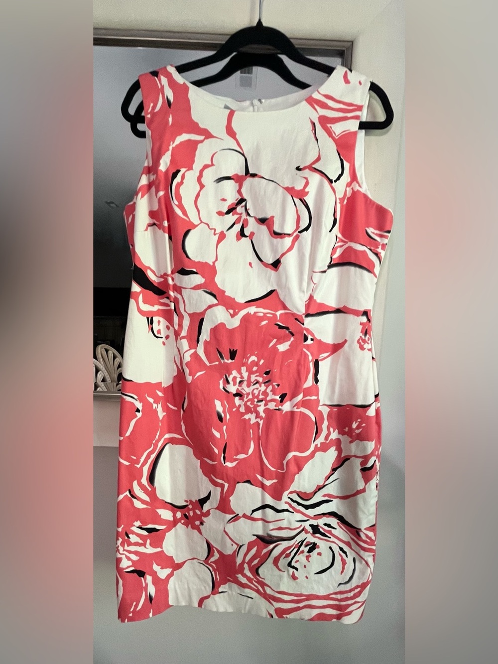 Talbots Coral & White 97% Cotton Abstract Floral Sheath Dress Size 14P